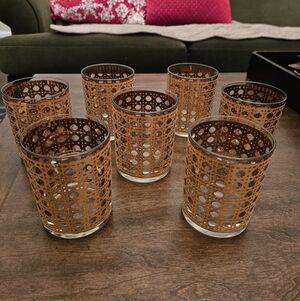 Culver 22K Gold Canella Glasses Rattan Basket Weave Cane MCM Set of 7 Glasses
